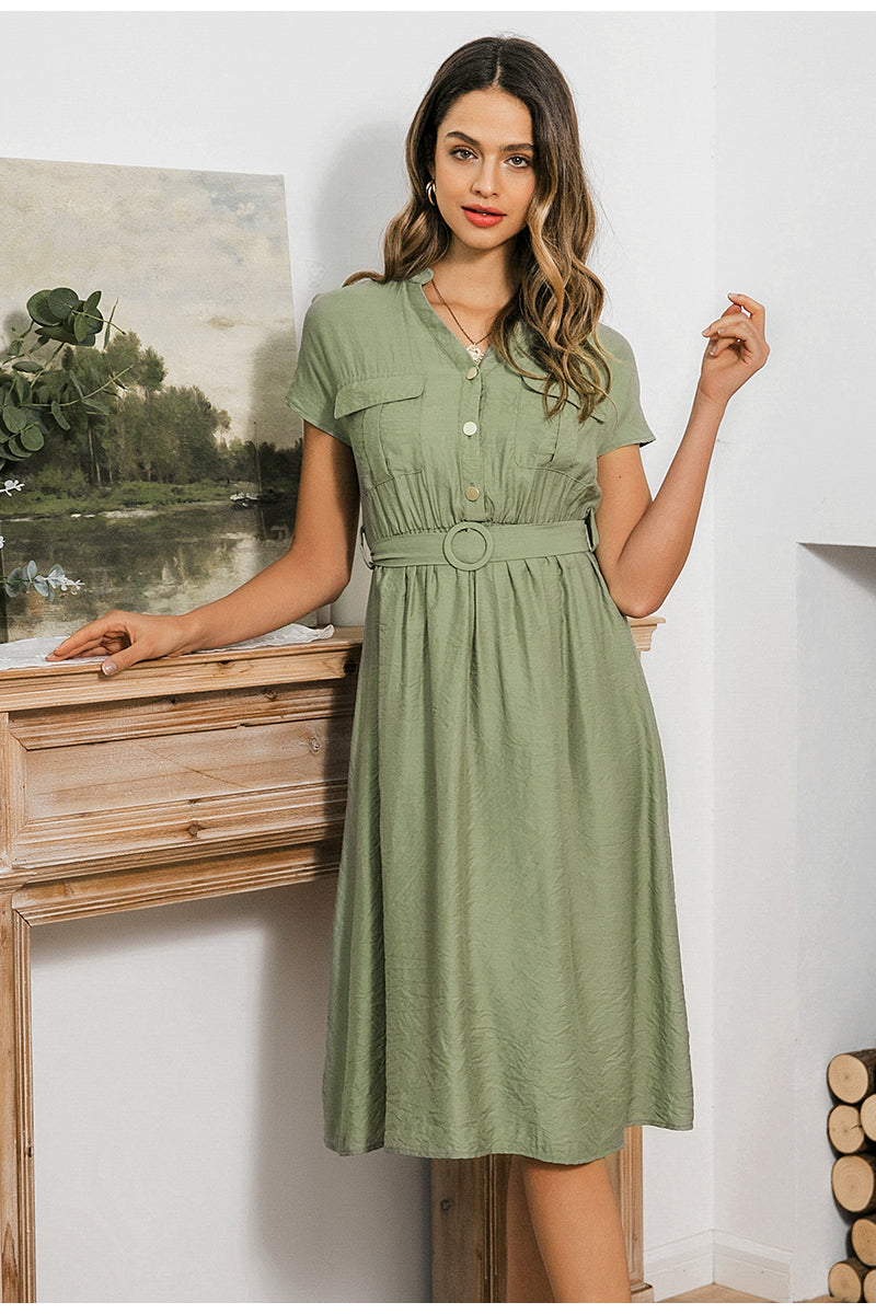 V-Neck Solid Vintage Elegant Button Belt Midi Summer Dress - wanahavit