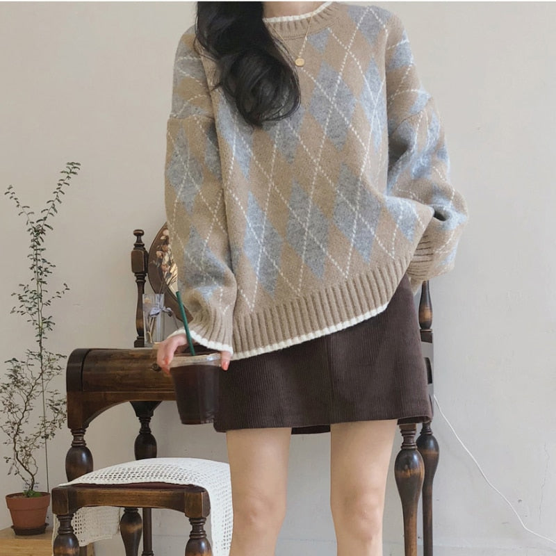 Korean Fashion Autumn Winter Vintage Loose All Match Pullover Plaid Knitted Sweater Long Sleeve Women Clothes Femme Top