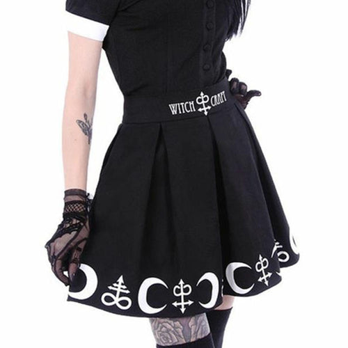 Gothic Letter & Moon Printed Pleated Mini Skirts for women - wanahavit