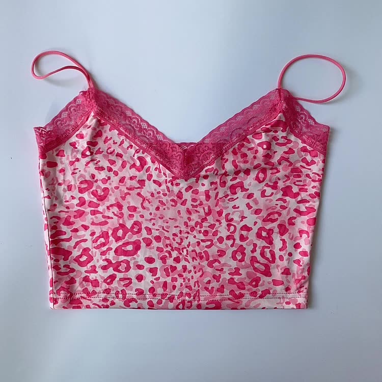 Pink Patchwork Lace Edge Leopard Tank Crop Top Sexy Party Clubwear V N Wanahavit 