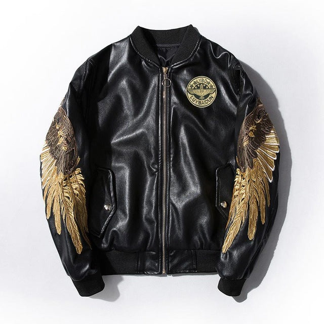 Embroidery Gold Wings PU Leather Stand Collar Jacket for unisex - wanahavit
