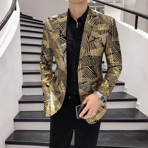 Luxury Gold Stripes Printed Slim Fit Blazer for men sale at 105.00 ...