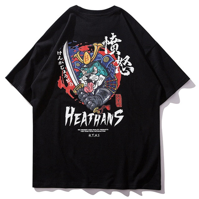 Samurai Armored Cat Printed Hip Hop Streetwear Loose Tees for unisex ...