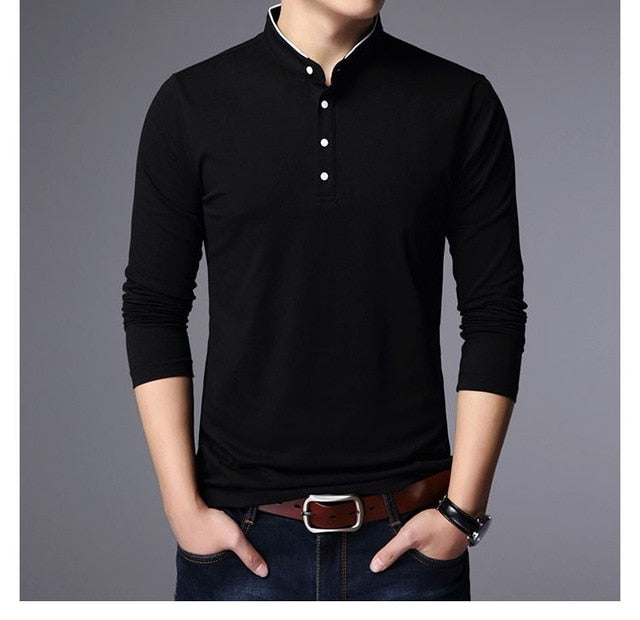 Mandarin Collar Slim Fit Long Sleeve Polo Shirt for men sale at 28.43 ...