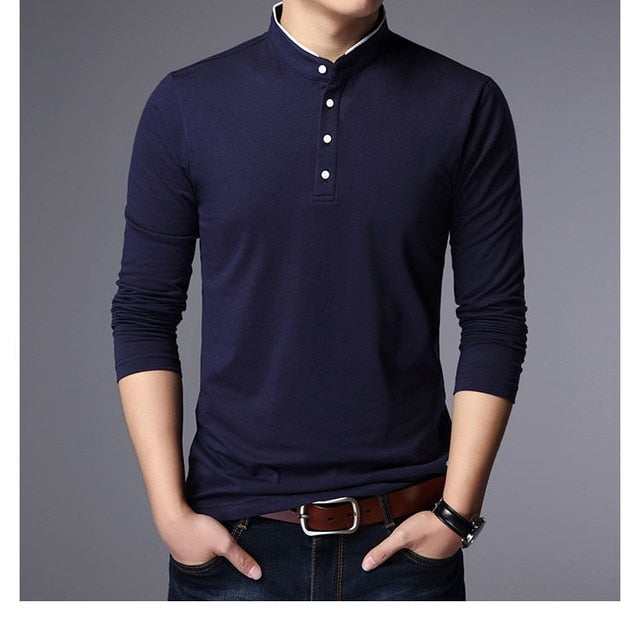 Mandarin Collar Slim Fit Long Sleeve Polo Shirt for men sale at 28.43 ...