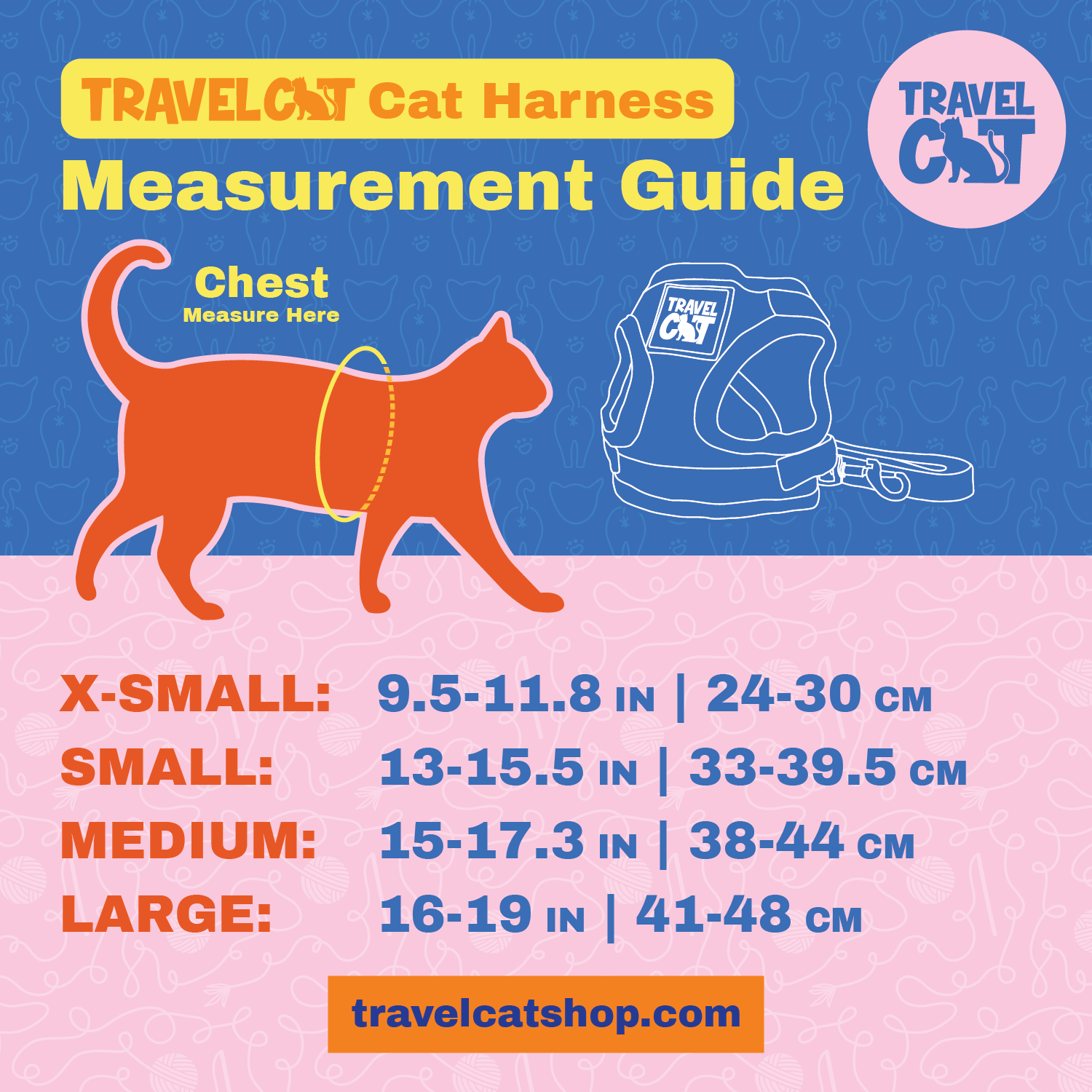 TRAVEL, TRAVELCST Cat Harness Measurement Guide, Chest, TRAVEL, Measure Here, 6, travelcatshop.com. Orange and white dog illustration