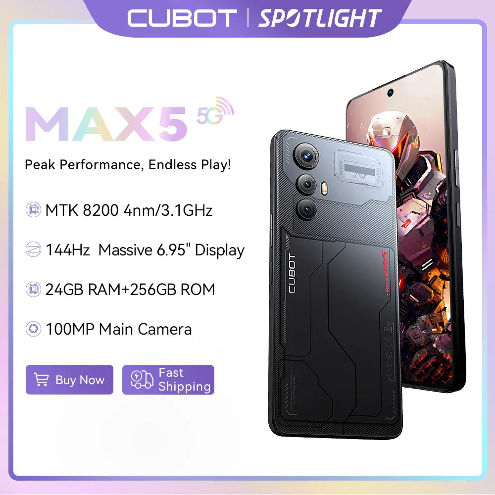 5G Smartphone CUBOT MAX 5, Dimensity 8200 4nm 3.1GHz, 6.95-inch 144Hz Large Screen, Gaming Phone, 24GB RAM(12GB+12GB), 256GB ROM