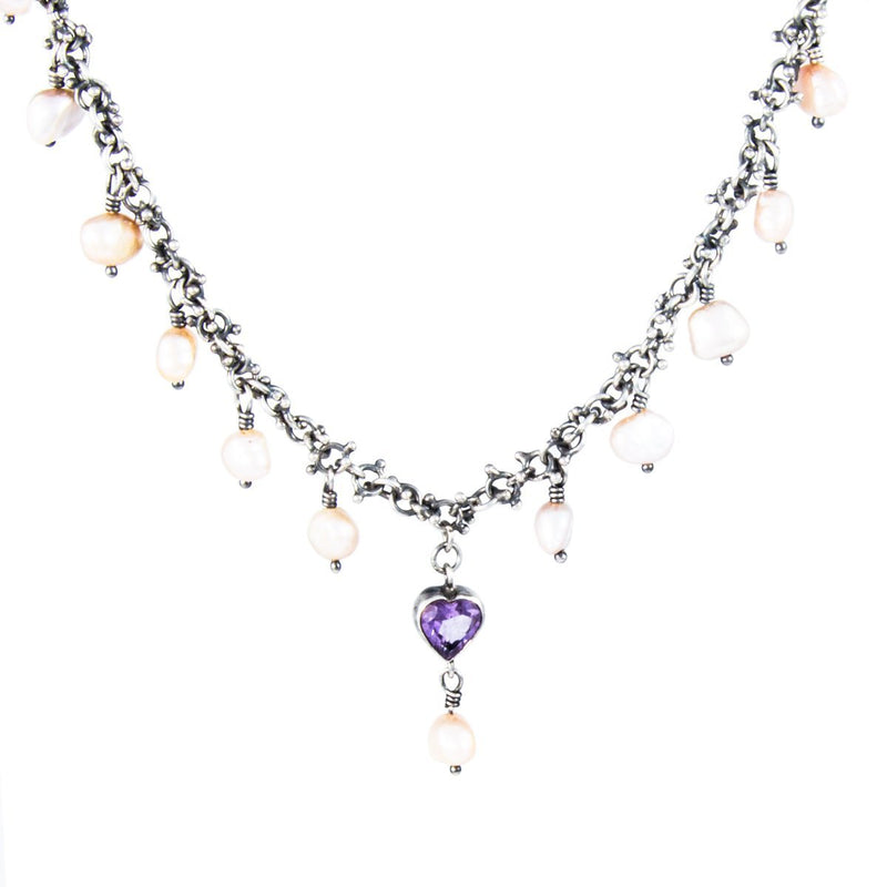 Danish Silver Fresh Water Pearl Necklace with Hanging Purple Heart ...