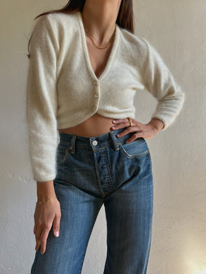 Vintage angora and wool blend jewel buttons cropped white cardigan