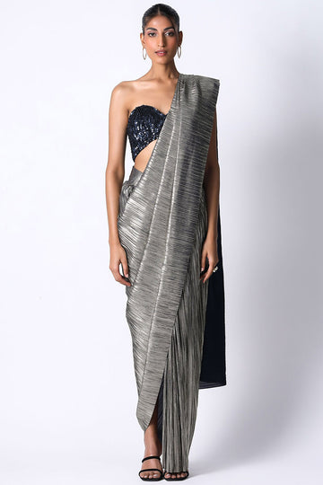 Steel Gray Grid Work Sari with Corset