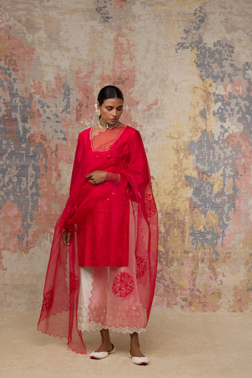 Cherry Red Satin Silk Straight Kurta Set - Punit Balana – LIVEtheCOLLECTIVE