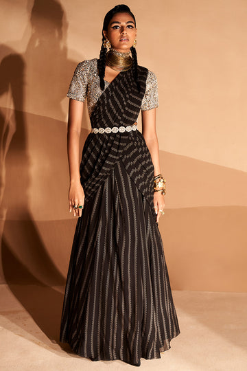 Buy Pleasing Black Palazzo Saree with Embroidered Belt