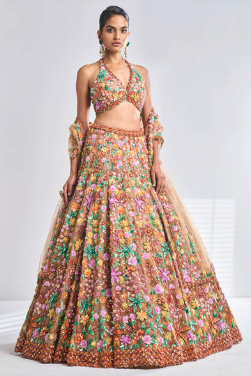 MULTI COLOR DESIGNER FANCY PARTY WEAR GEORGETTE LEHENGA CHOLI WITH SEQUENCE  WORK SEMI STITCHED - shreematee - 4000133