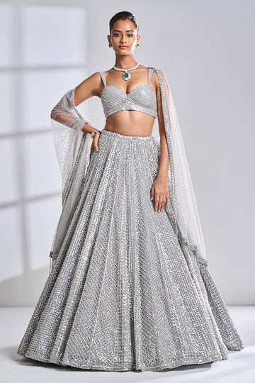 Buy Wedding Wear Grey Heavy Stone Work Net And Silk Lehenga Choli Online  From Surat Wholesale Shop.