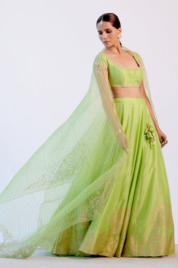 Net Bottle Green Lehenga LLCV113205