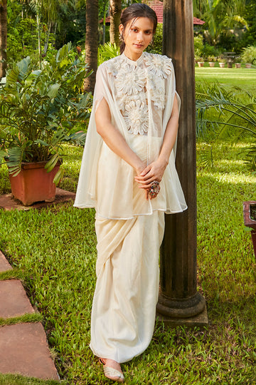 Buy Beige Saree Style Skirt With Bustier And Crop Top by Designer SVA BY  SONAM & PARAS MODI Online at