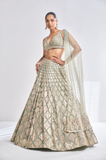 Green Color Silk Blend Sequins Work Lehenga