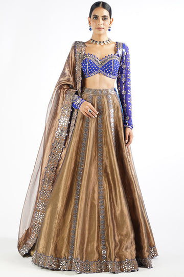 FABPIXEL Women Blue & Gold Thread Work Semi-Stitched Lehenga & Unstitched  Blouse &Dupatta - Absolutely Desi