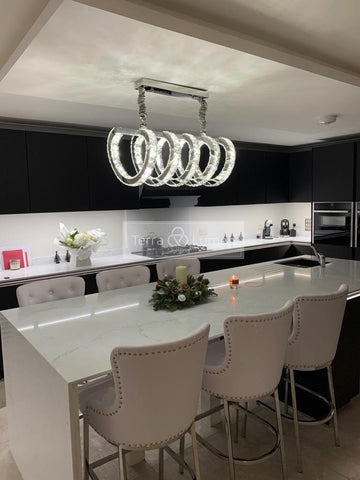 Ribbon Chandelier above Kitchen Island