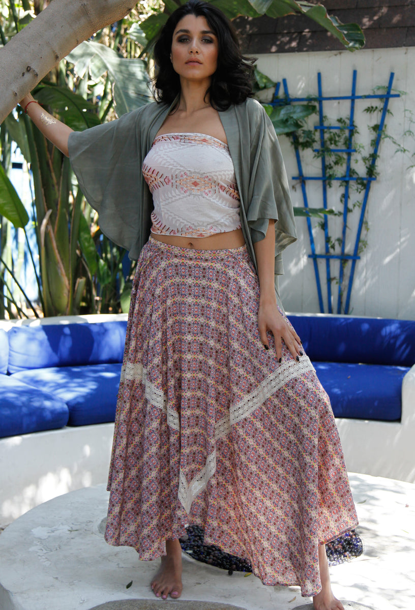 Woodcut Tulips Sufi Skirt - Yoga Clothing by Daughters of Culture