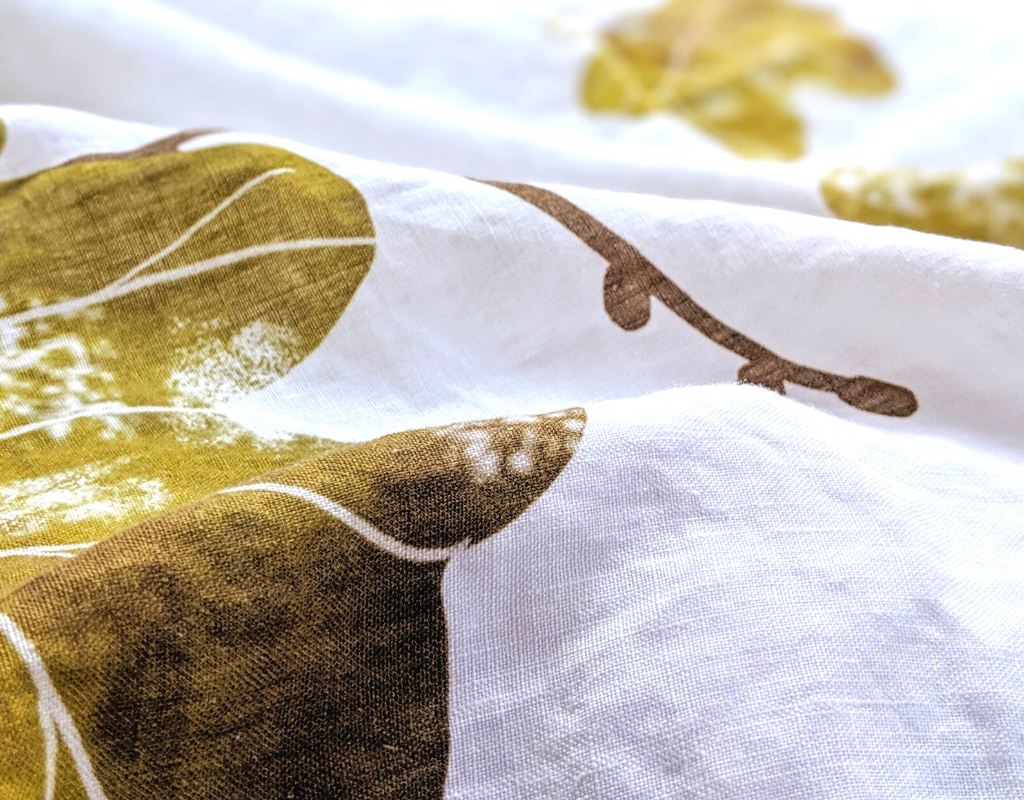 Organic European flax linen duvet cover in medium weight thread with green acorn design