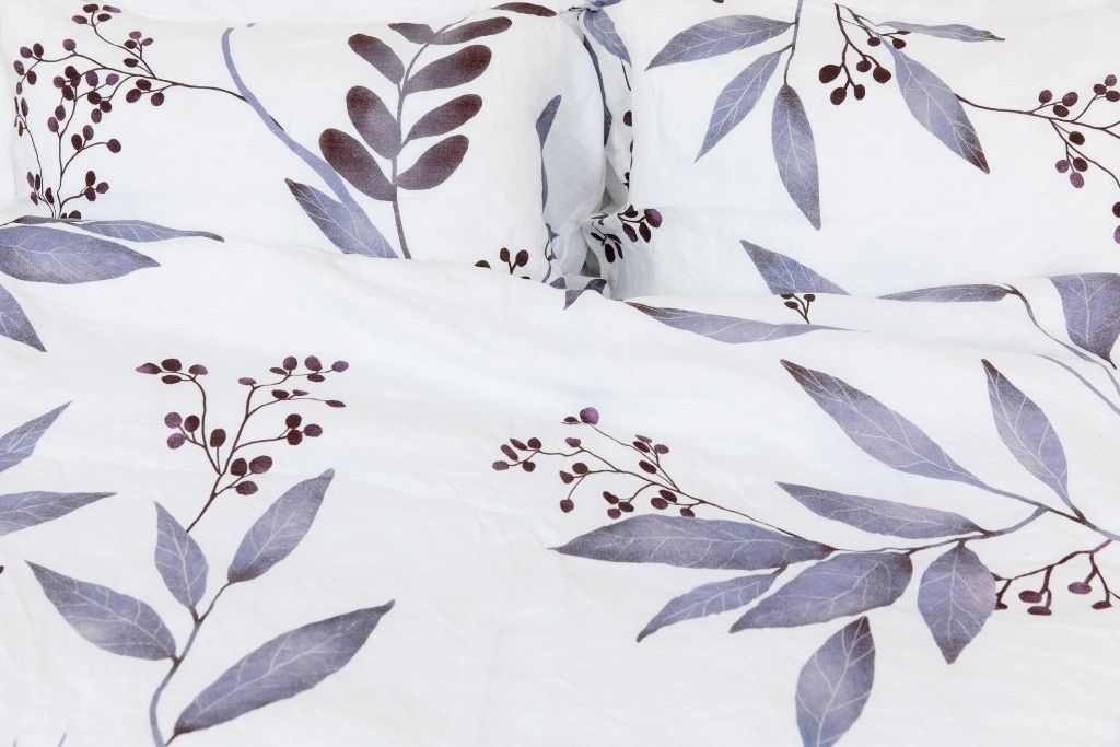 Organic European linen bedding with purple blue leaf print