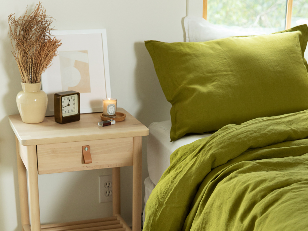 Scandinavian style bedroom with green linen duvet cover from The Modern Dane
