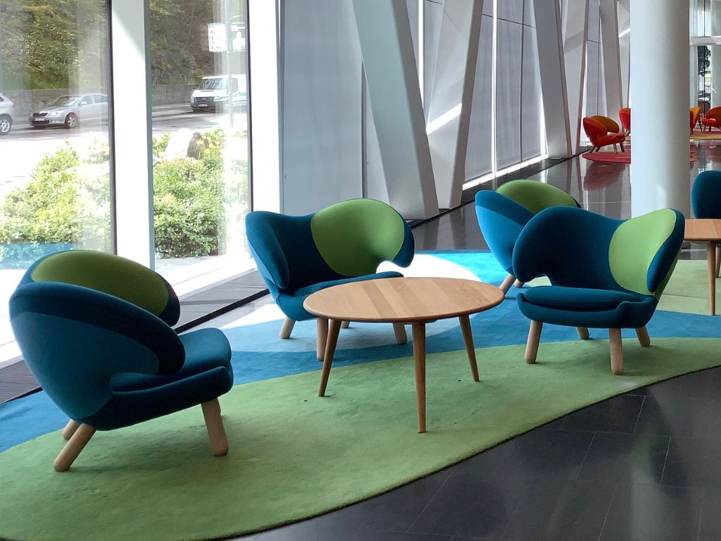 Pelican Chair (1940) designed by Finn Juhl in the lobby area of Swedbank headquarters in Sundbyberg