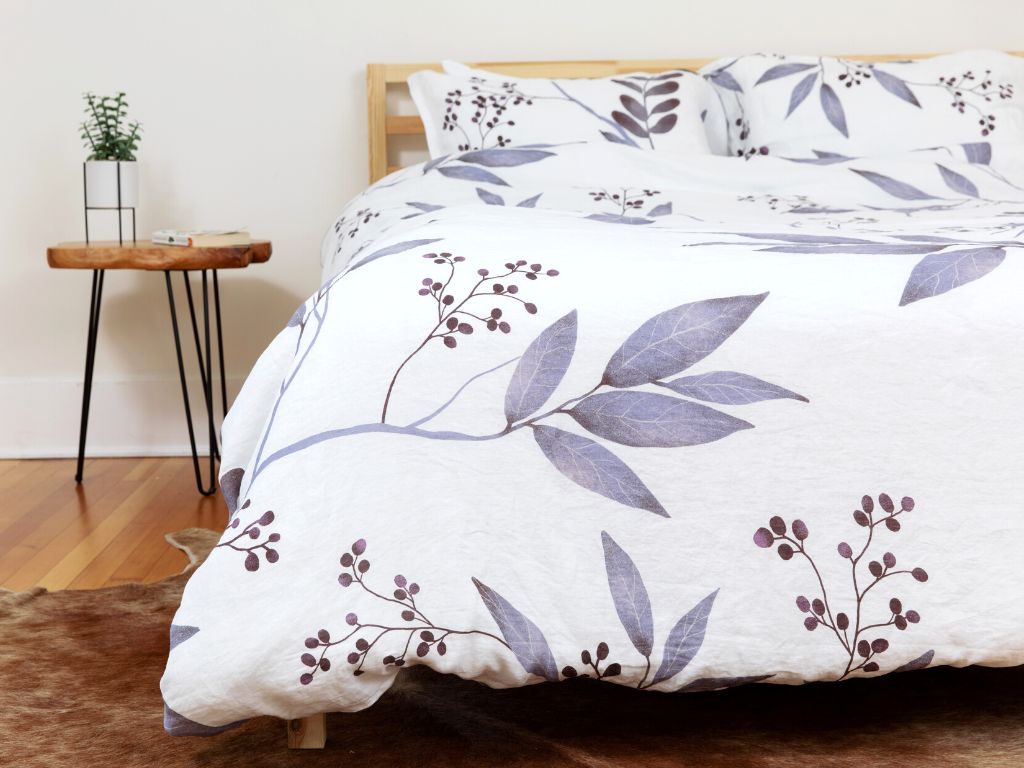 Organic European linen duvet cover with modern Scandinavian botanical design of purple leaves by The Modern Dane