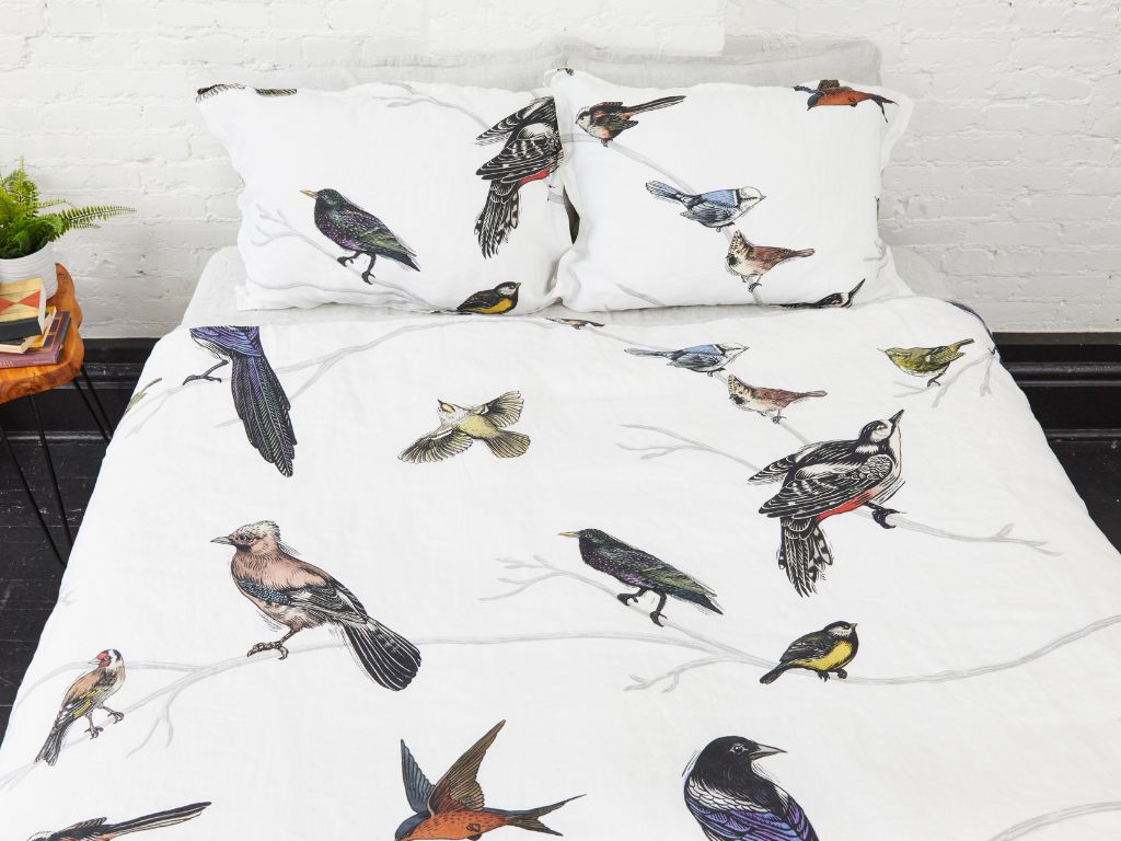 Organic European flax linen duvet cover set featuring colorful Scandinavian birds