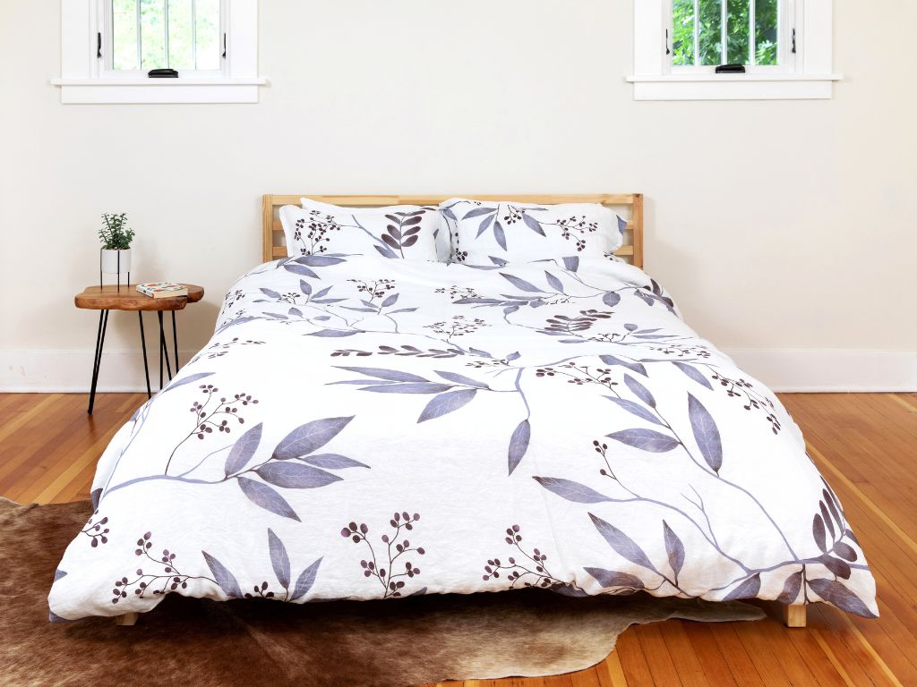 Organic European flax linen bedding with botanical design of purple leaves by The Modern Dane