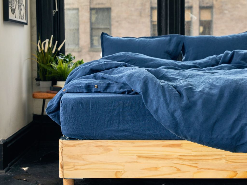 The Modern Dane organic European flax linen bedding set in navy blue