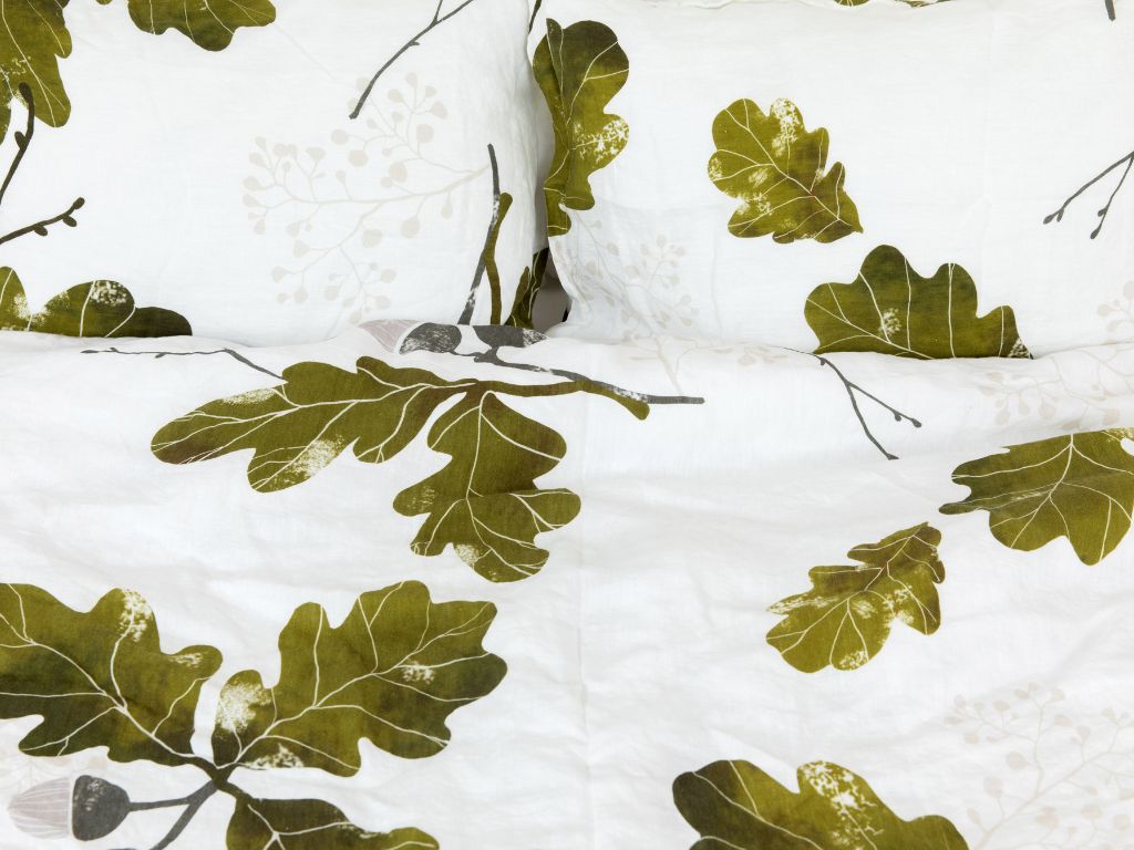 Organic European flax linen duvet cover set with acorn and oak leaves pattern