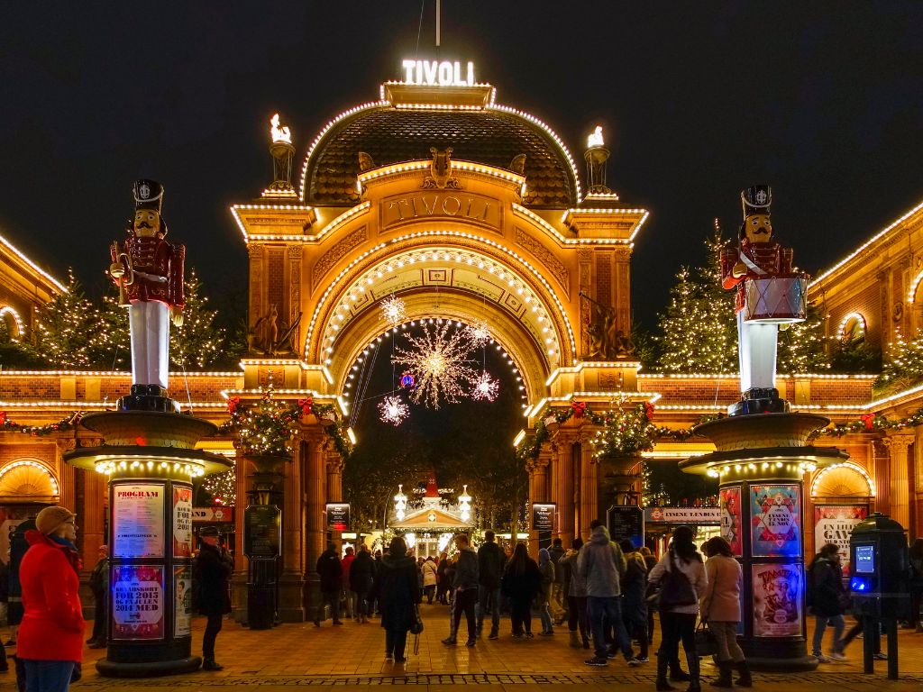 Main entrance to Tivoli with Christmas decoration, Copenhagen, Denmark,