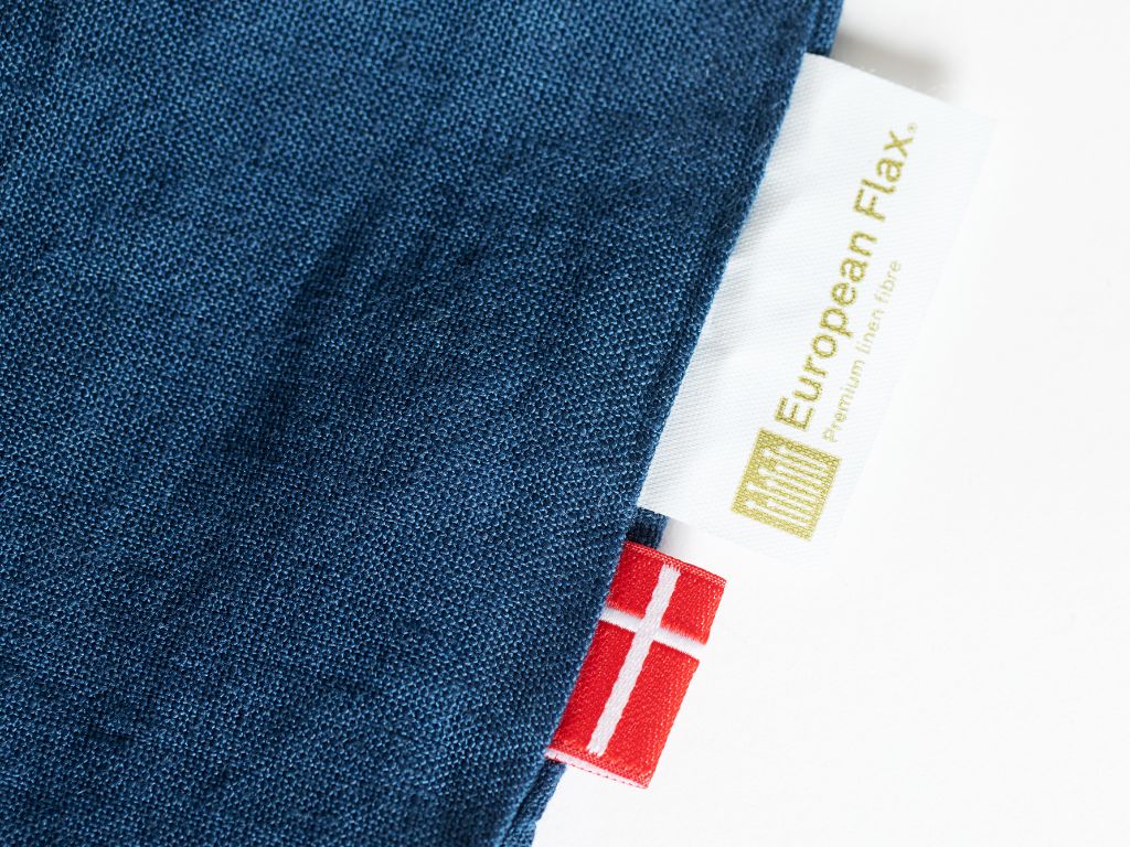 The Modern Dane organic European flax linen duvet cover with European Flax tag and Danish flag