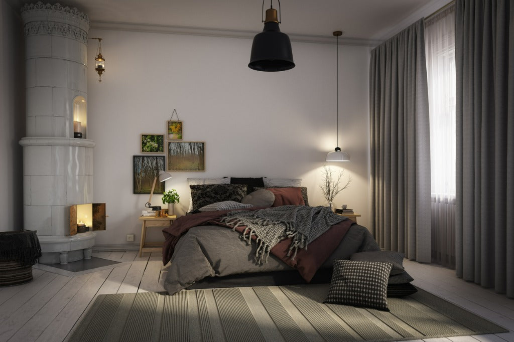 Digitally generated warm and cozy Scandinavian style bedroom interior.