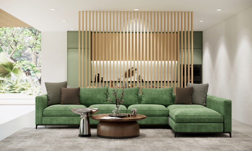 Japandi style living room interior design and decoration. green sofa in living room