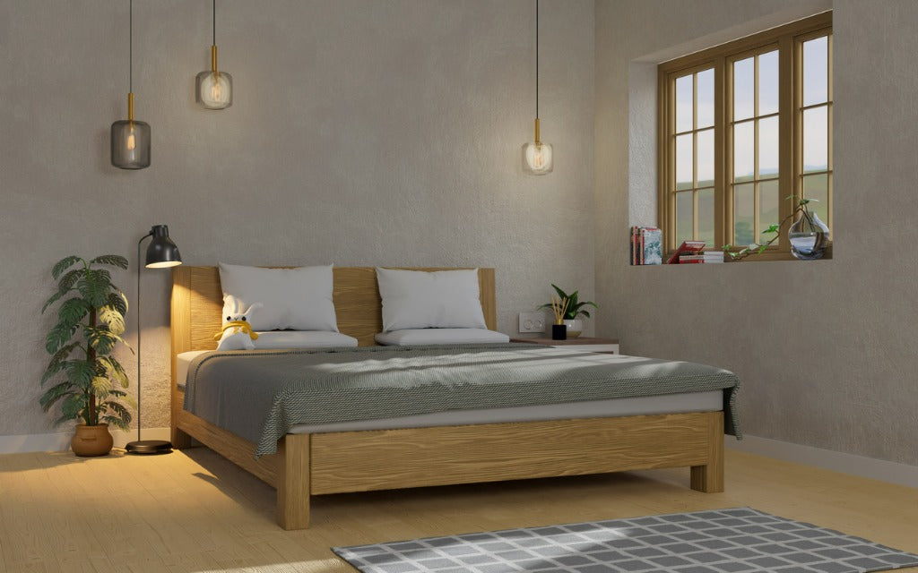 Modern minimal comfortable bedroom interior design with comfy wooden bed, lamp, indoor plants and decor, minimal grey wall and wooden floor