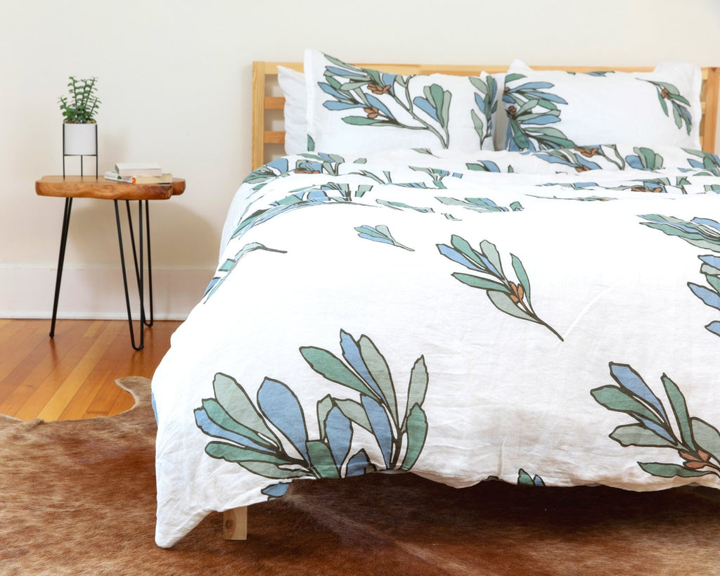 Organic European linen duvet cover set with modern Scandinavian botanical print