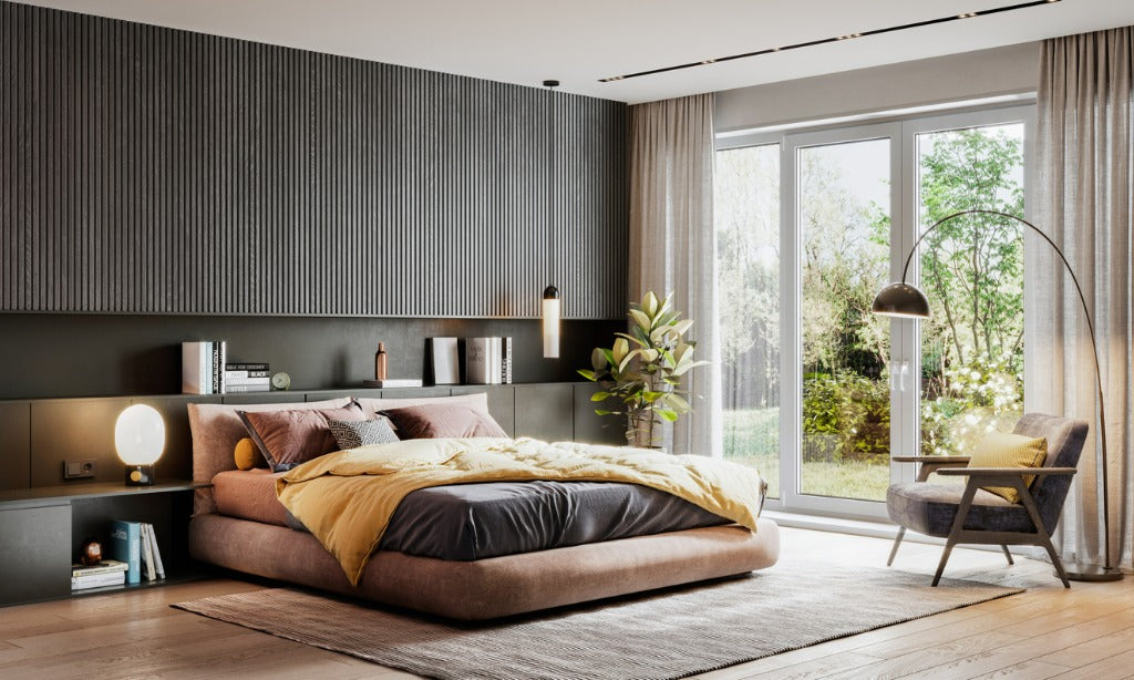 Elegant bedroom with high ceilings and Scandinavian pendant lamp