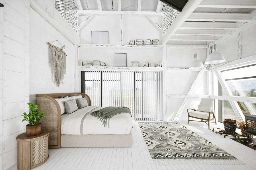 Interior of a Scandinavian-boho style white bedroom