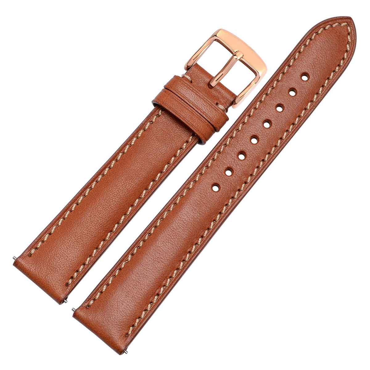 Quick Release - Golden Brown Full Grain Italian Leather Watch Band - Contrast Stitch