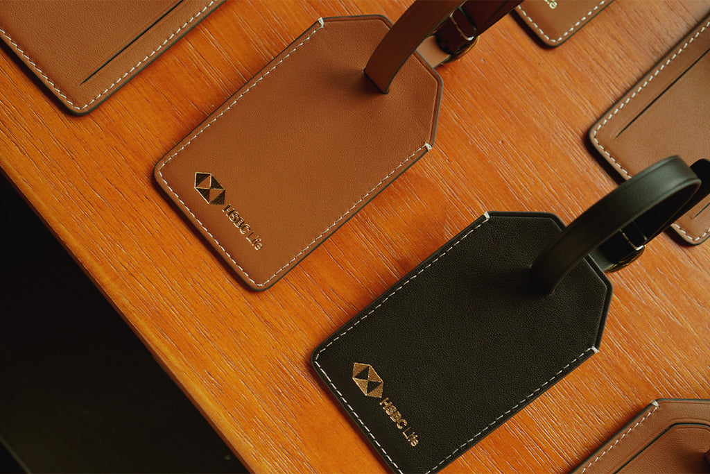 Rever personalised leather luggage tags, custom made as corporate gifts for HSBC Bank