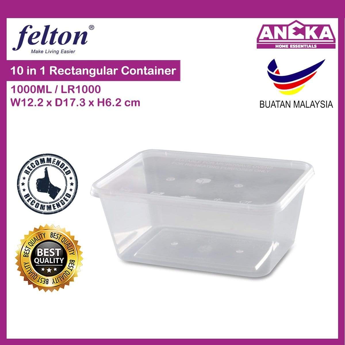 Leaf Rectangular Plastic Food Container 1000ml 10pcs Lr1000 Aneka Home Essentials