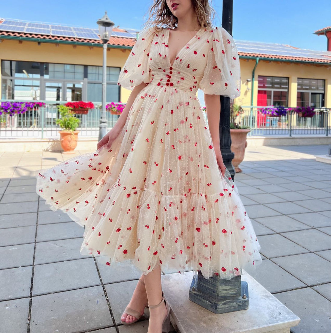 Cream Cherry Midi Dress | Teuta Matoshi