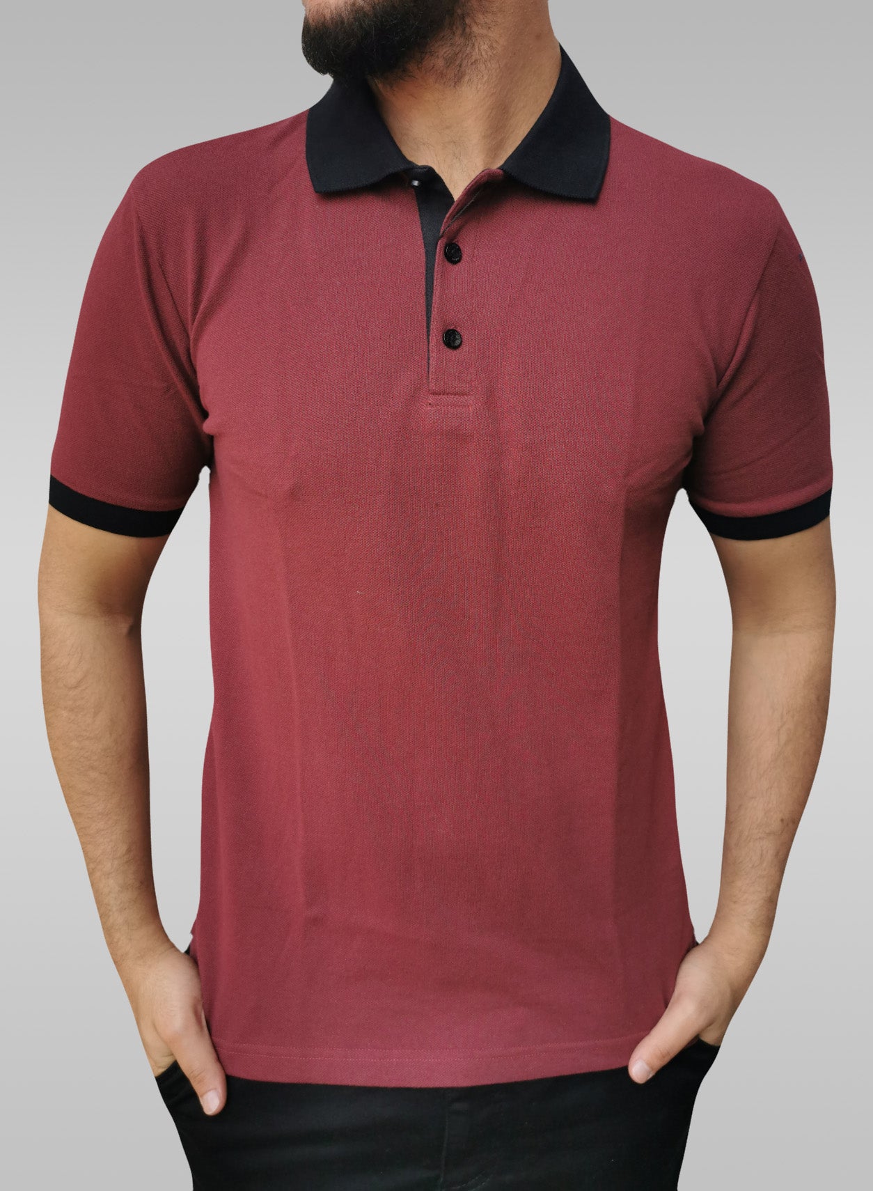 red t shirt with black collar