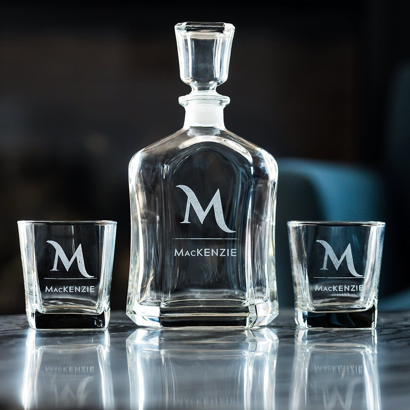 Engraved Monogrammed Whiskey Decanter Set With Rocks Glasses