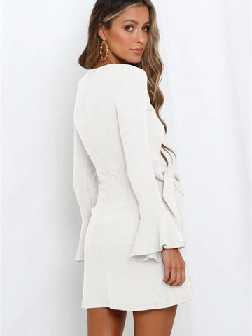 Robe pull courte à manches longues évasées en maille blanche Sandra - Les Petits Imprimés - eshop robe pull blanche