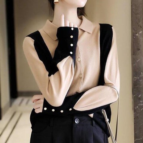 chemise en laine bi-colore beige et noire Séraphine - les petits imprimés - eshop chemise laine femme chic