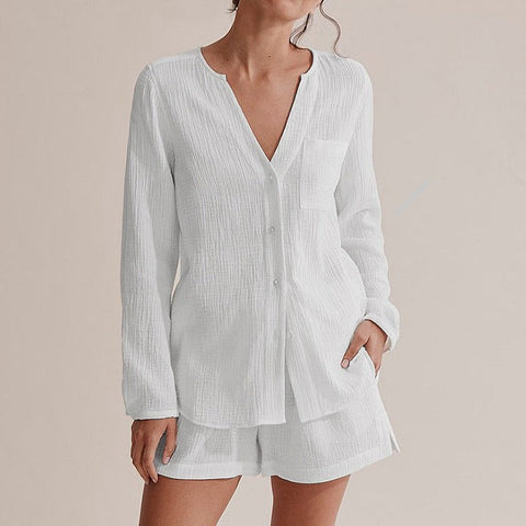 Pyjama chemise à manches longues et short en gaze de coton blanche - Les Petits Imprimés - eshop pyjama coton blanc femme